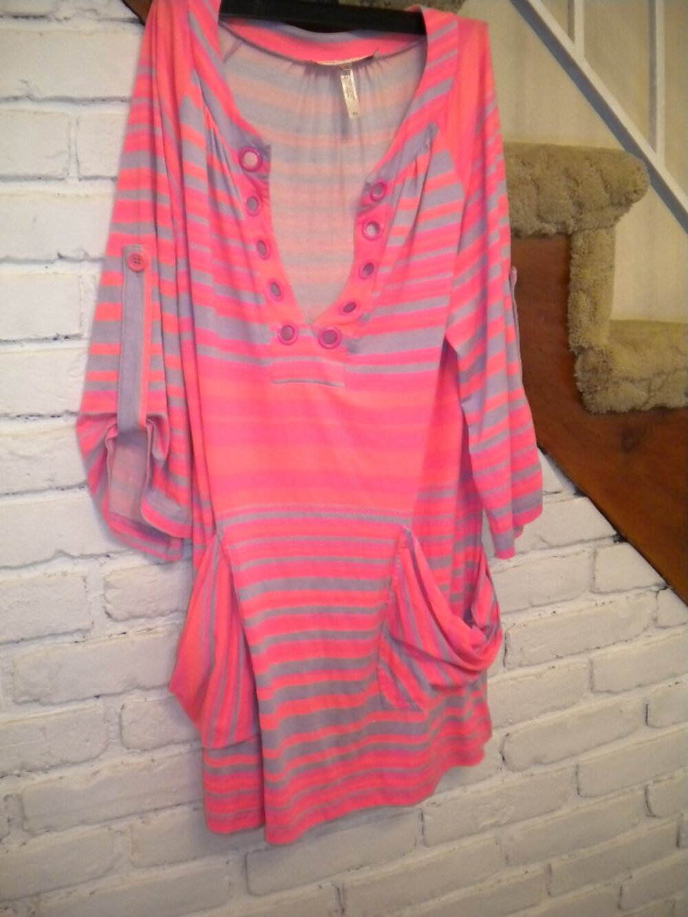 Nanette Lepore Swim Neon Coral Pink Gray Stripe Tunic Cover Up Dress Grommet v n